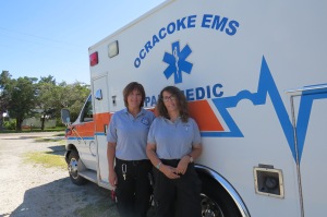 Hyde County emergency responders who helped Kay Slaughter are, from left, Dana Long, a paramedic, and Julia O'Neal, an intermediate emergency medical technician. Photo by C. Leinbach